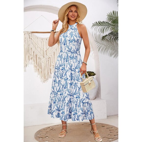 Women’s Flowy Summer Maxi Dress Floral Halter Pockets Casual Vacation - Picture 4 of 8